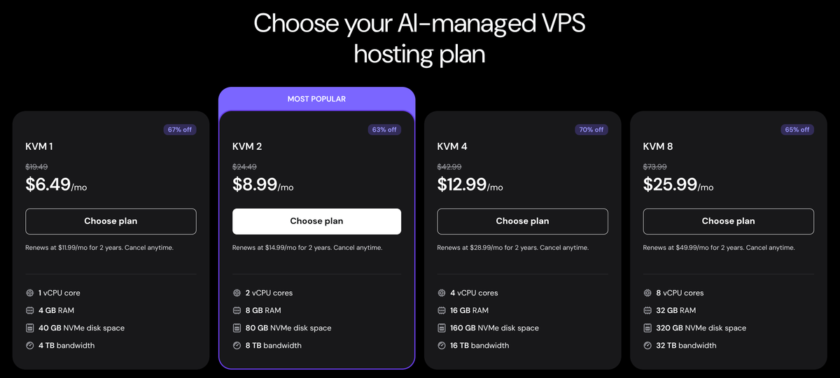 Hostinger's VPS plans with KVM 2 marked as most popular