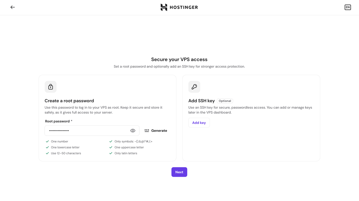 Hostinger's setup wizard asking for a root password, with all password requirements ticked green