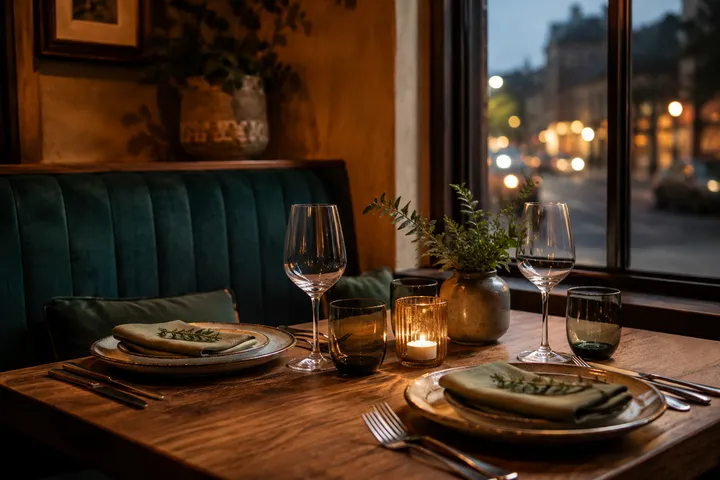 A warmly lit restaurant table for two